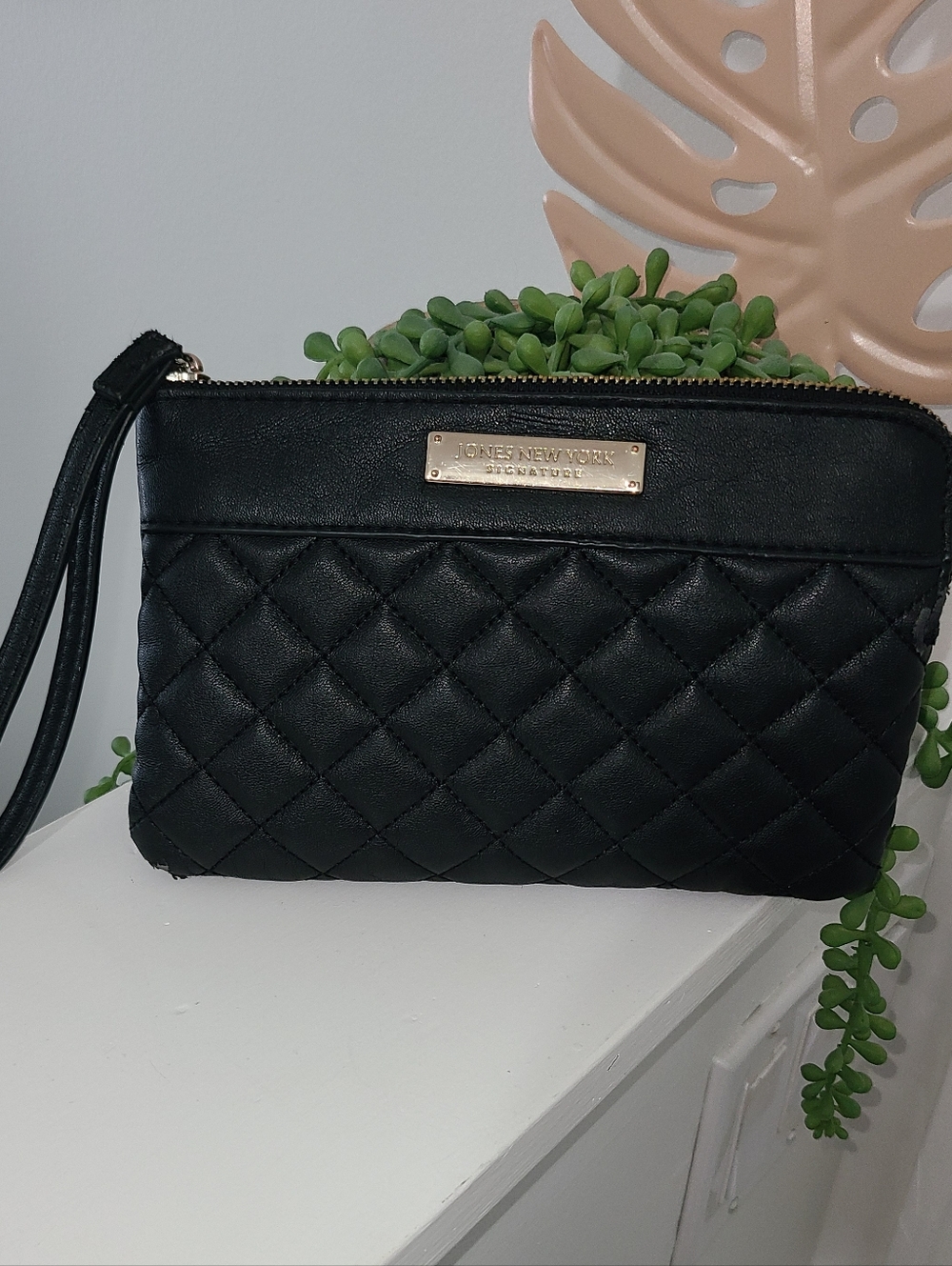 Jones New York Black Quilted Wristlet Clutch with Gold Accent